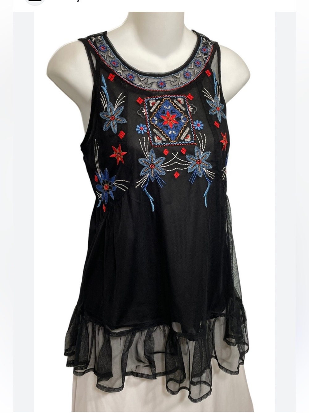 Lauren Conrad Sheer Black Blouse Floral Embroidered Ruffle Layered Tank  Shirt